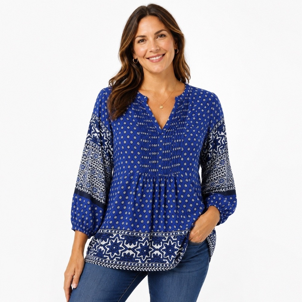 Lucky Brand XL Blue Geometric Boho Pintuck Pleat Rayon Peasant Blouse